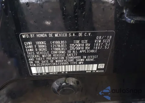 2019 Honda Hr-V Sport z USA, uszkodzony, nr VIN 3CZRU6H13KG729985